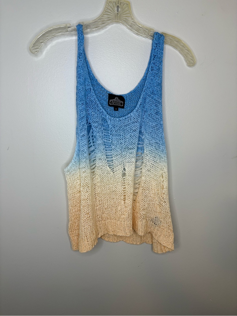 Angie Blue to Tan Ombre Open-Knit Tank Top